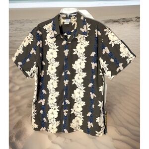 Old Navy Hawaiian Shirt Gray Floral Button Up Regular Fit Men's Large